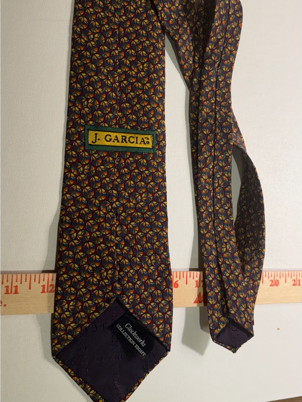 J. Garcia Navy Tie with Yellow, Red and Green Geometric Motif